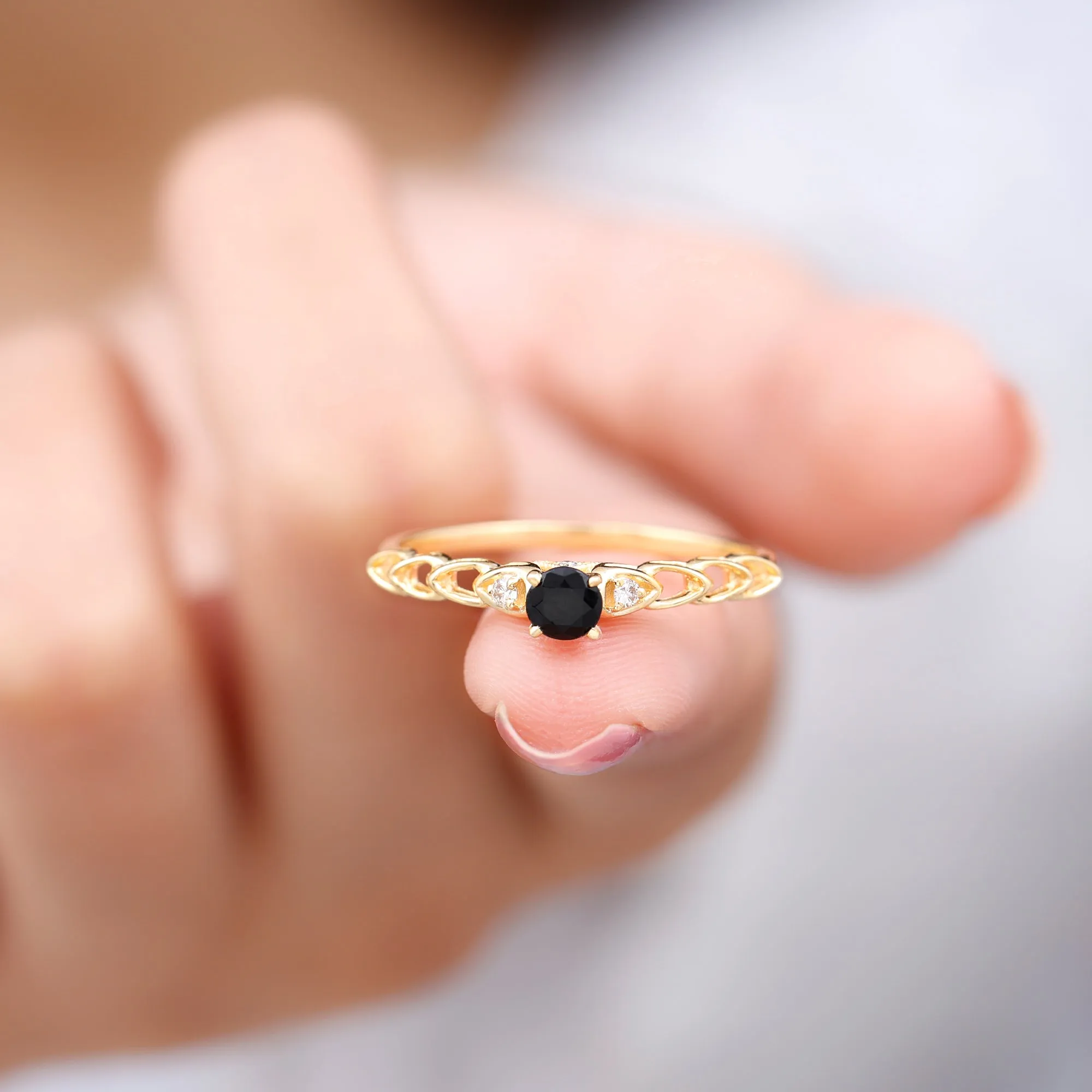 0.50 CT Black Spinel Solitaire Ring with Diamond and Cutout Details