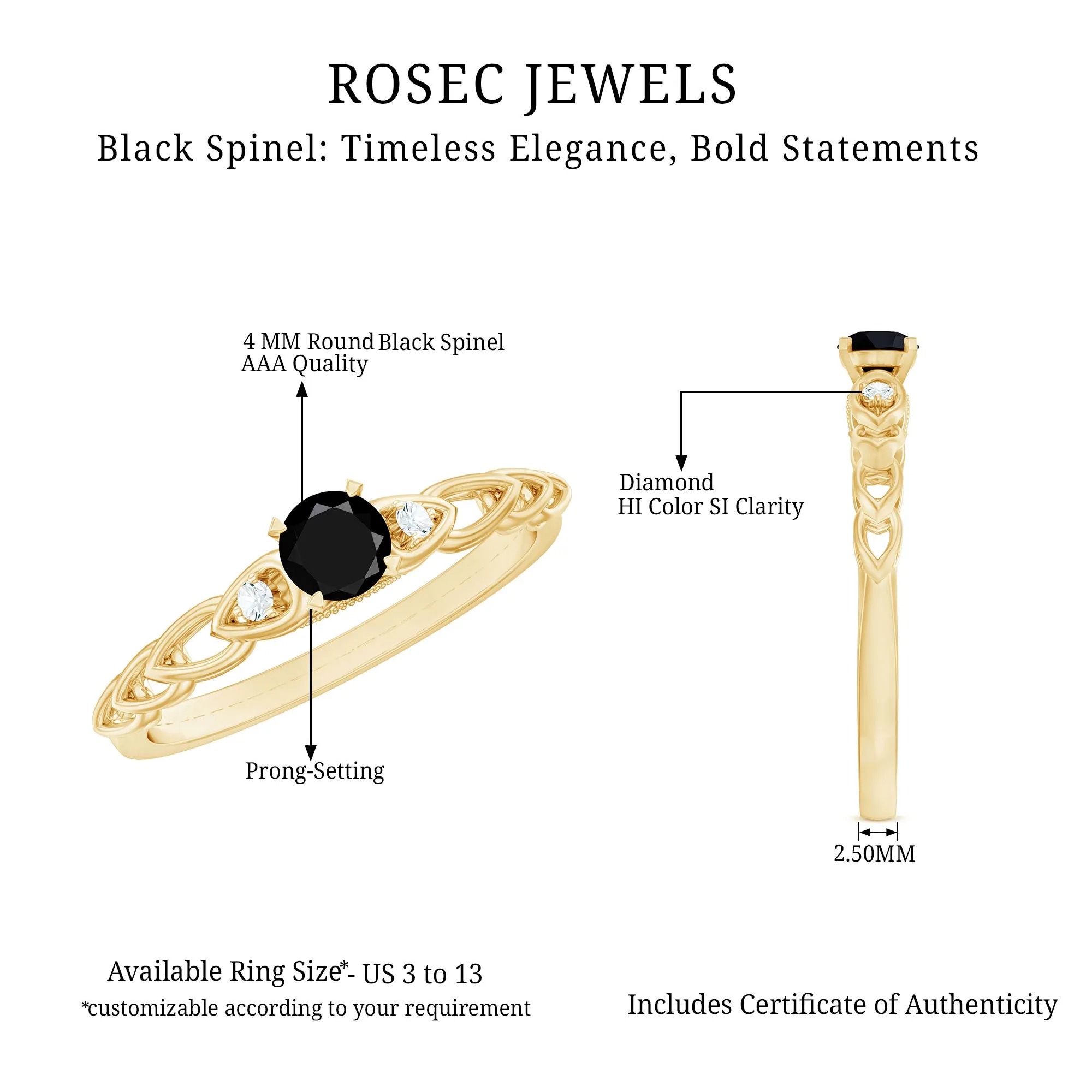 0.50 CT Black Spinel Solitaire Ring with Diamond and Cutout Details