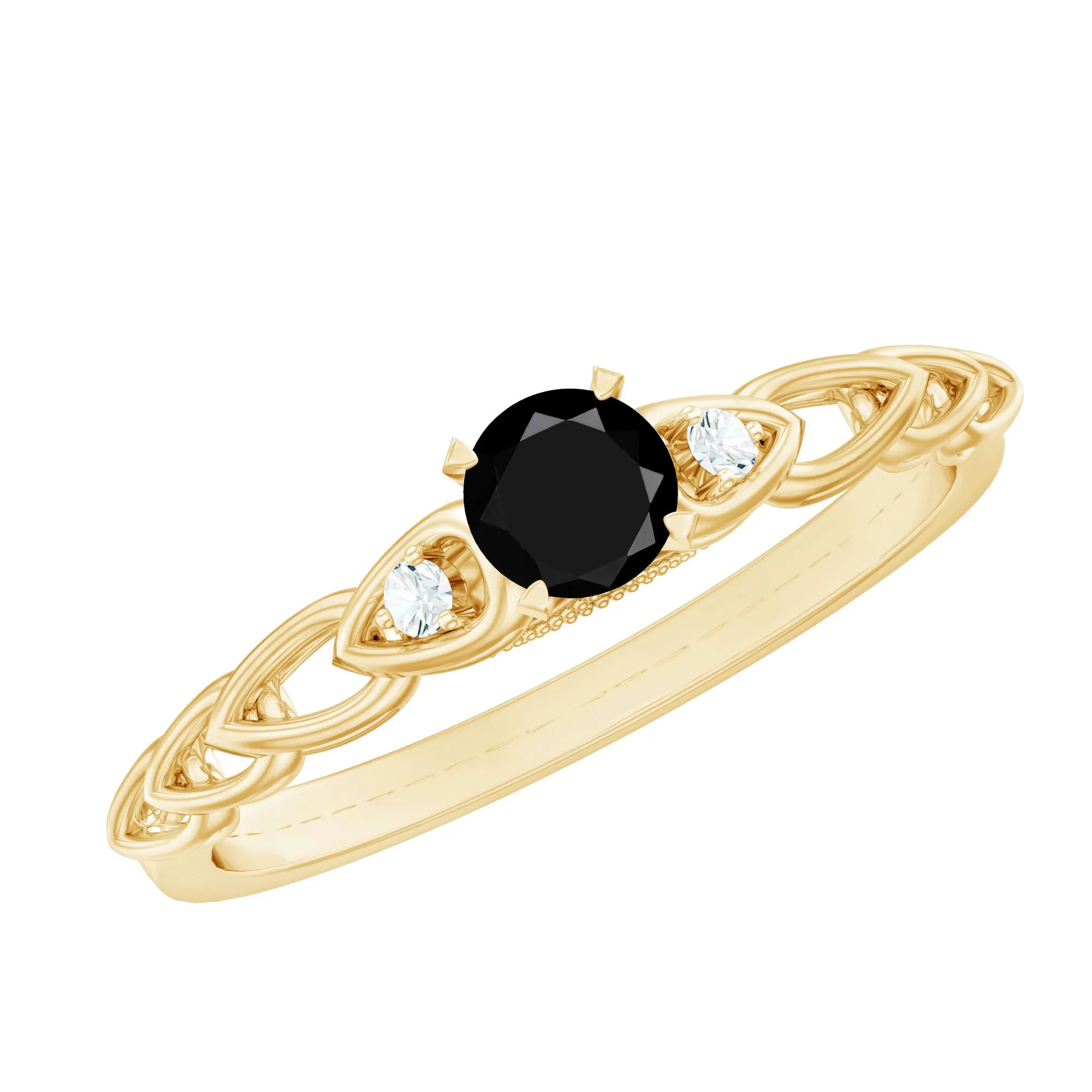 0.50 CT Black Spinel Solitaire Ring with Diamond and Cutout Details