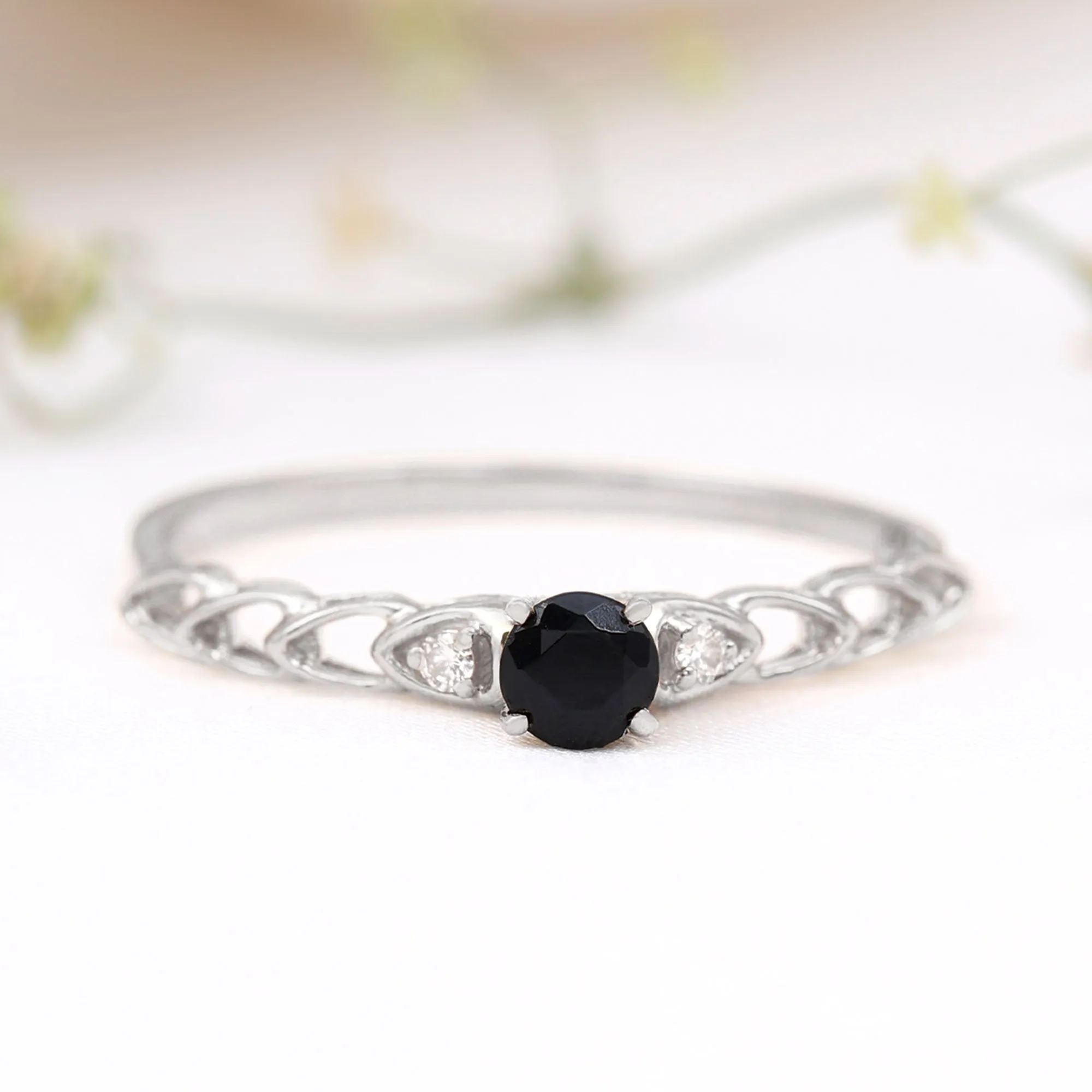 0.50 CT Black Spinel Solitaire Ring with Diamond and Cutout Details