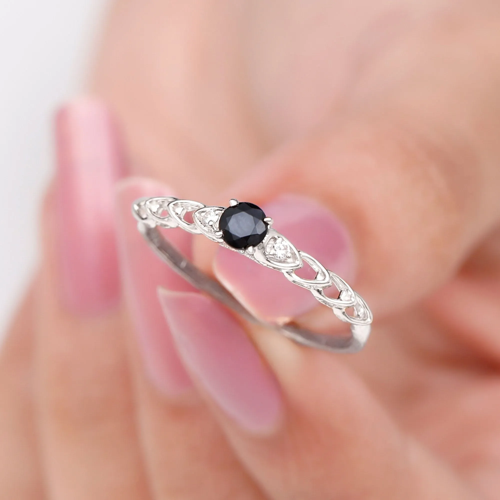 0.50 CT Black Spinel Solitaire Ring with Diamond and Cutout Details