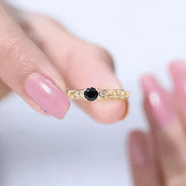 0.50 CT Black Spinel Solitaire Ring with Diamond and Cutout Details