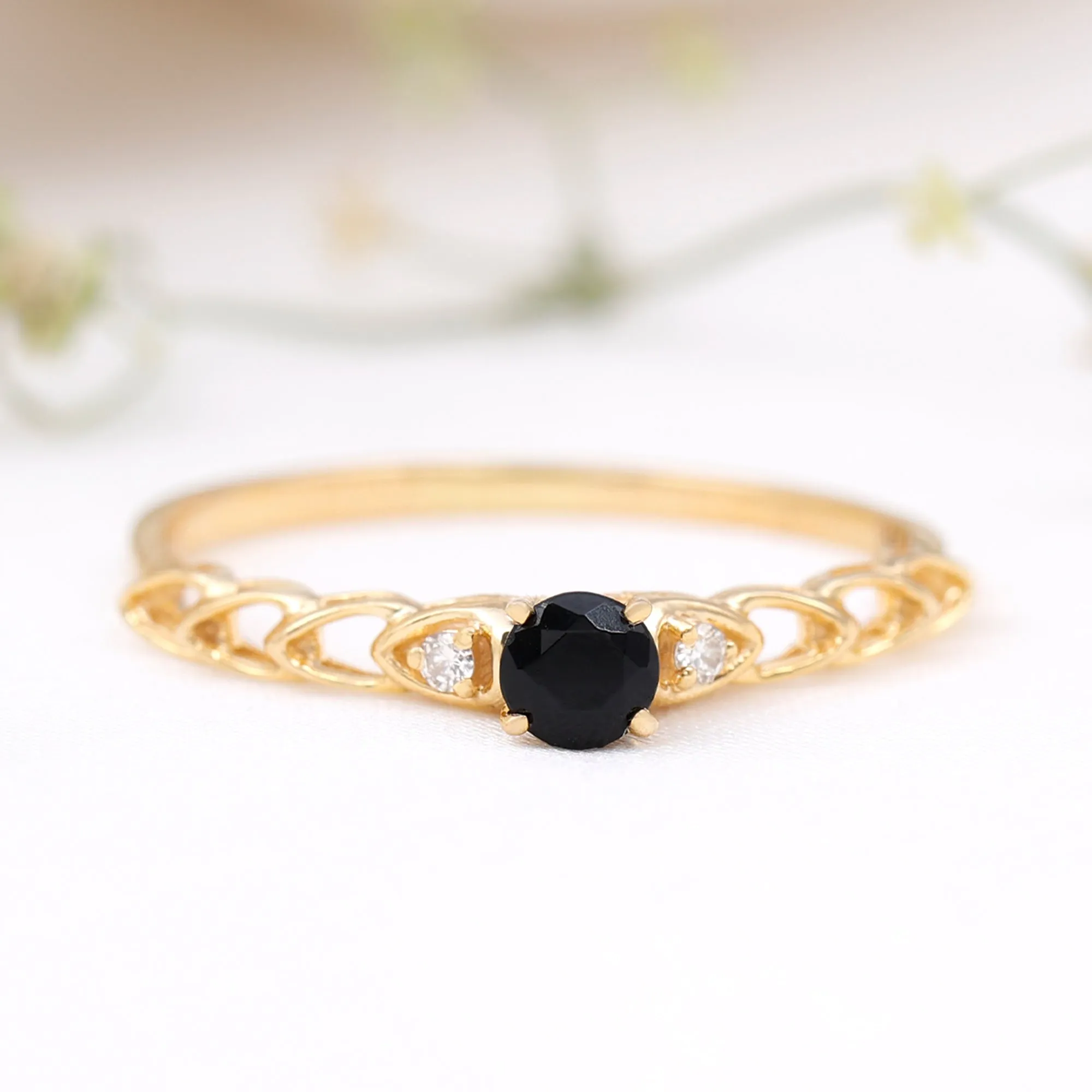 0.50 CT Black Spinel Solitaire Ring with Diamond and Cutout Details