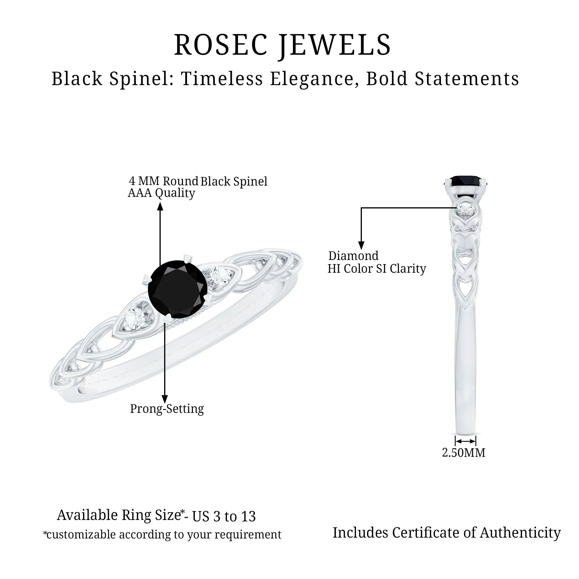 0.50 CT Black Spinel Solitaire Ring with Diamond and Cutout Details