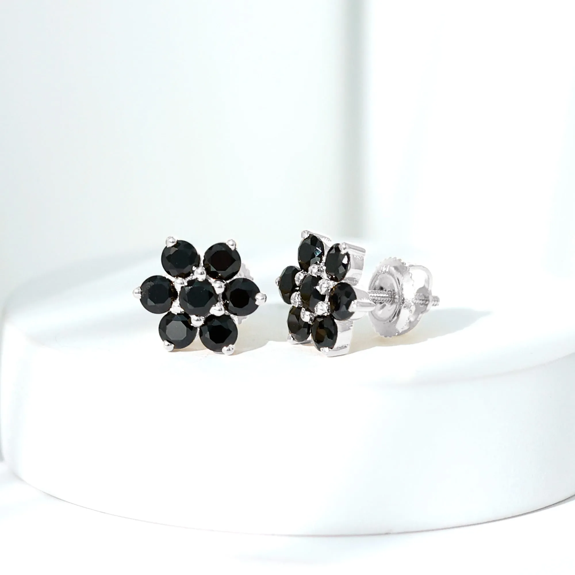 0.75 CT Black Spinel Floral Cluster Stud Earrings