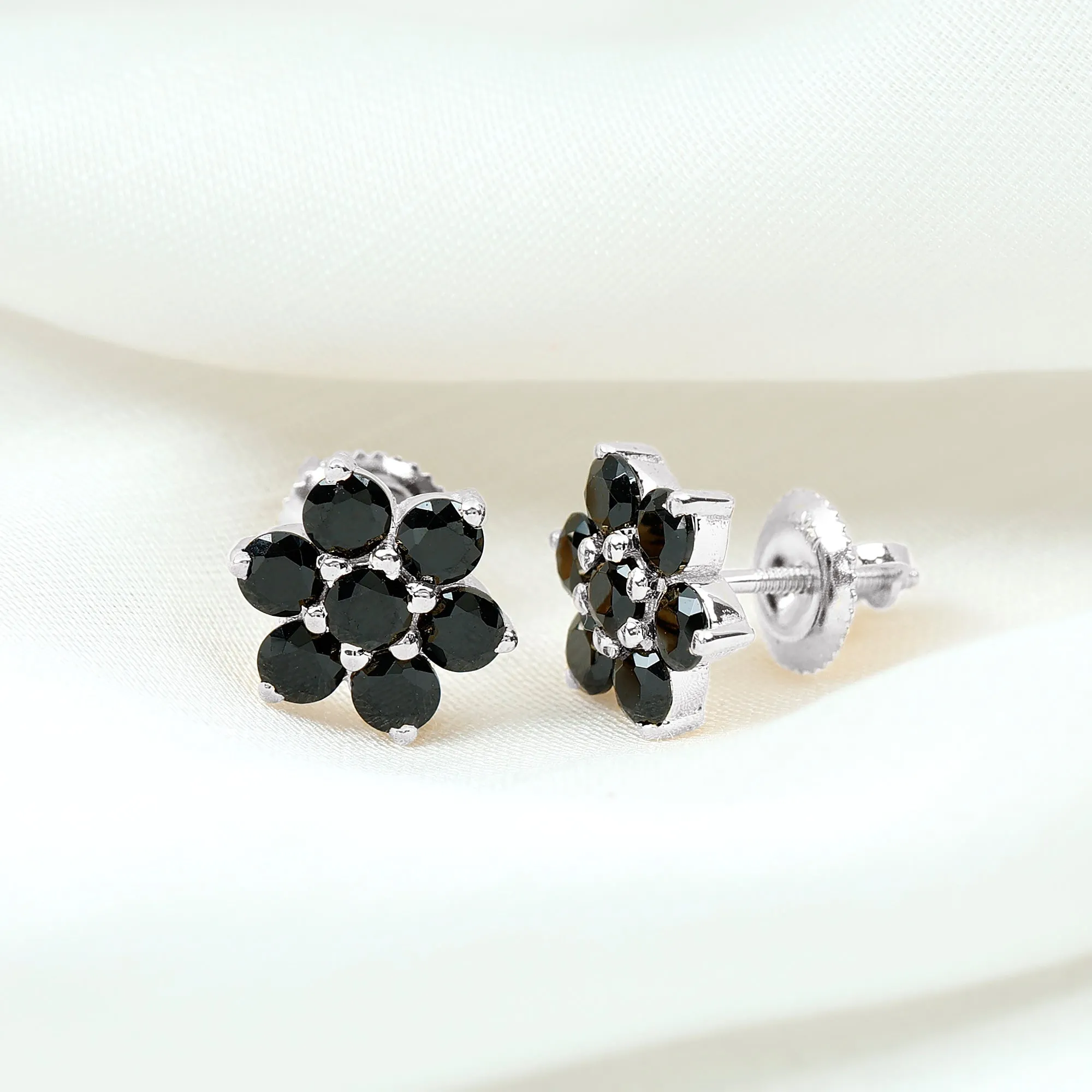 0.75 CT Black Spinel Floral Cluster Stud Earrings