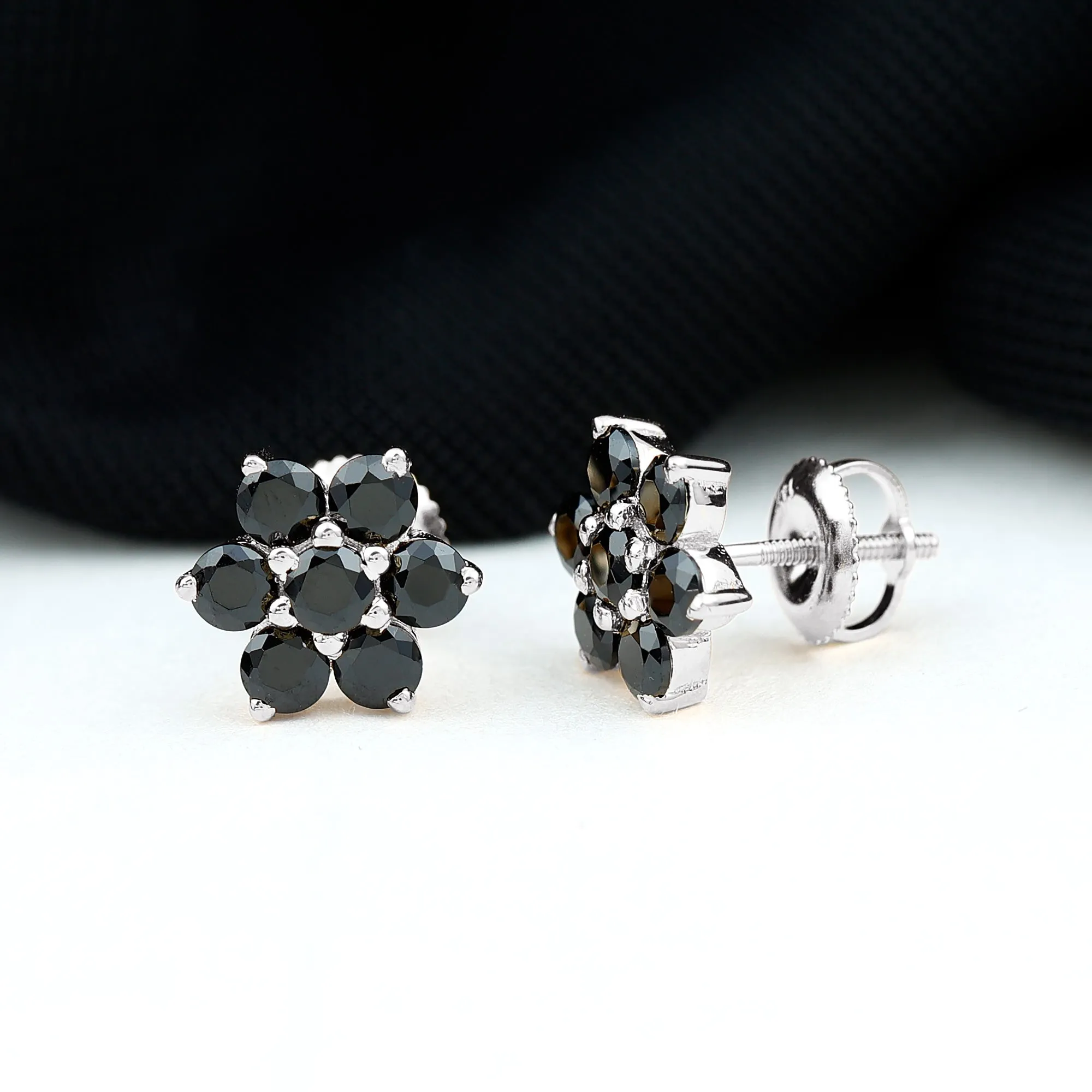 0.75 CT Black Spinel Floral Cluster Stud Earrings