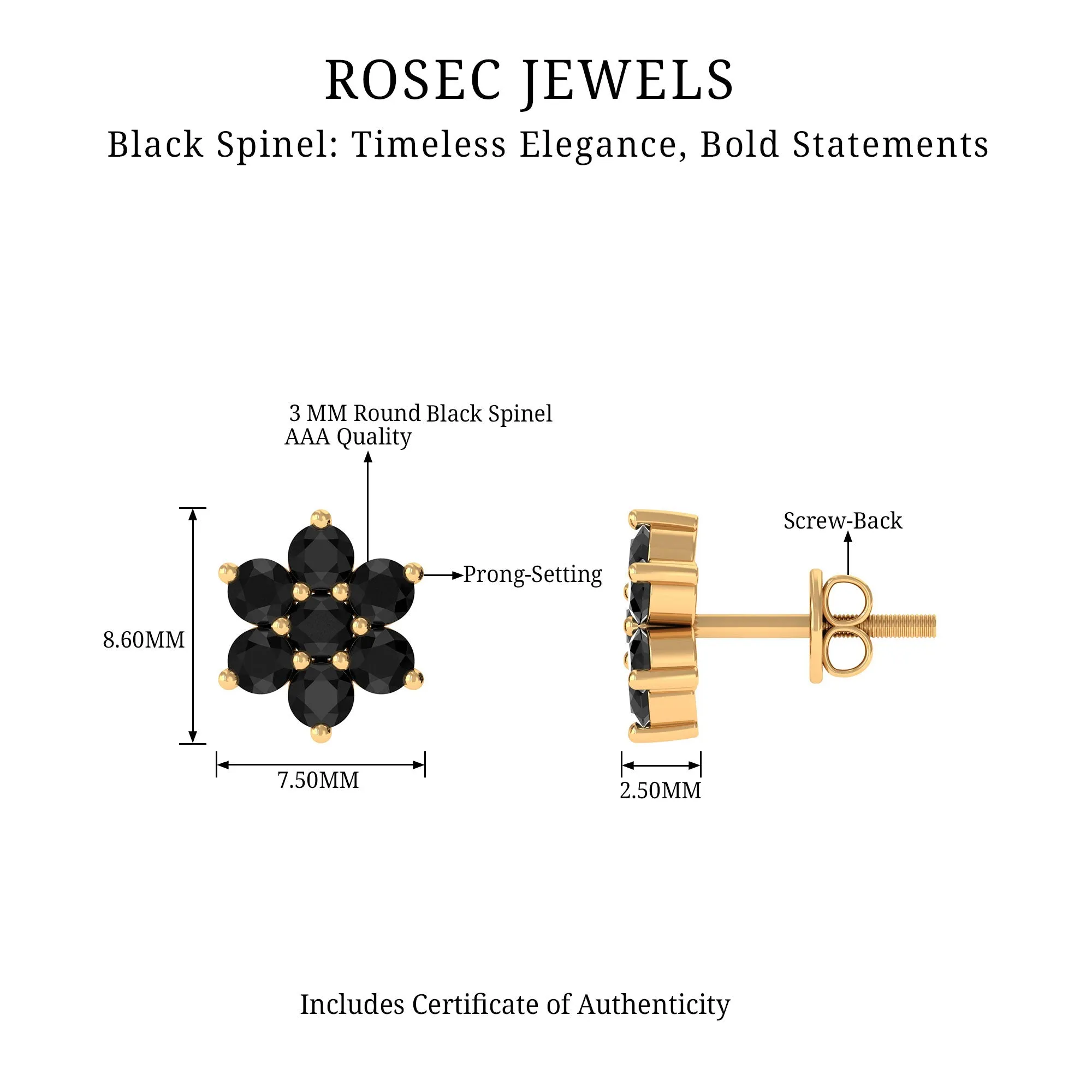 0.75 CT Black Spinel Floral Cluster Stud Earrings