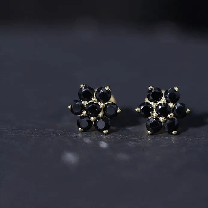 0.75 CT Black Spinel Floral Cluster Stud Earrings