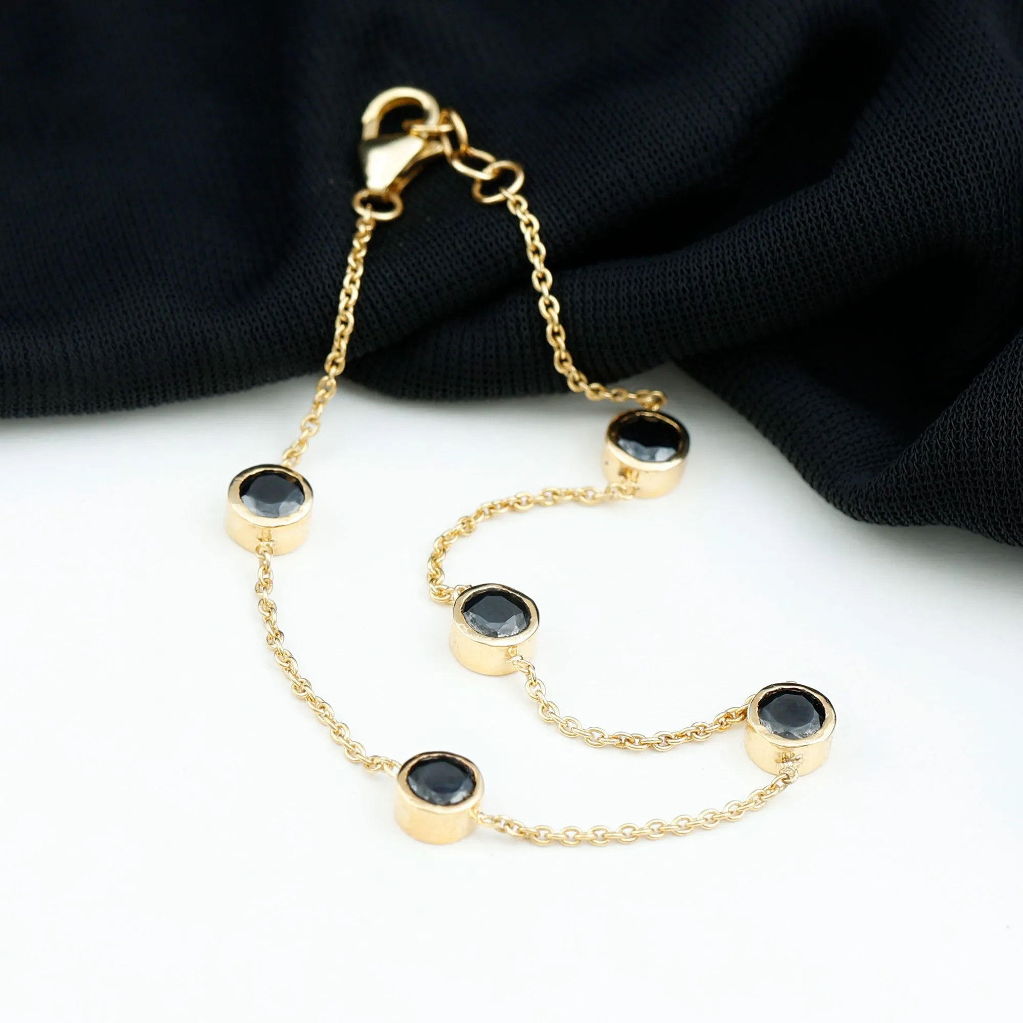 1 CT Black Onyx Five Stone Station Chain Bracelet