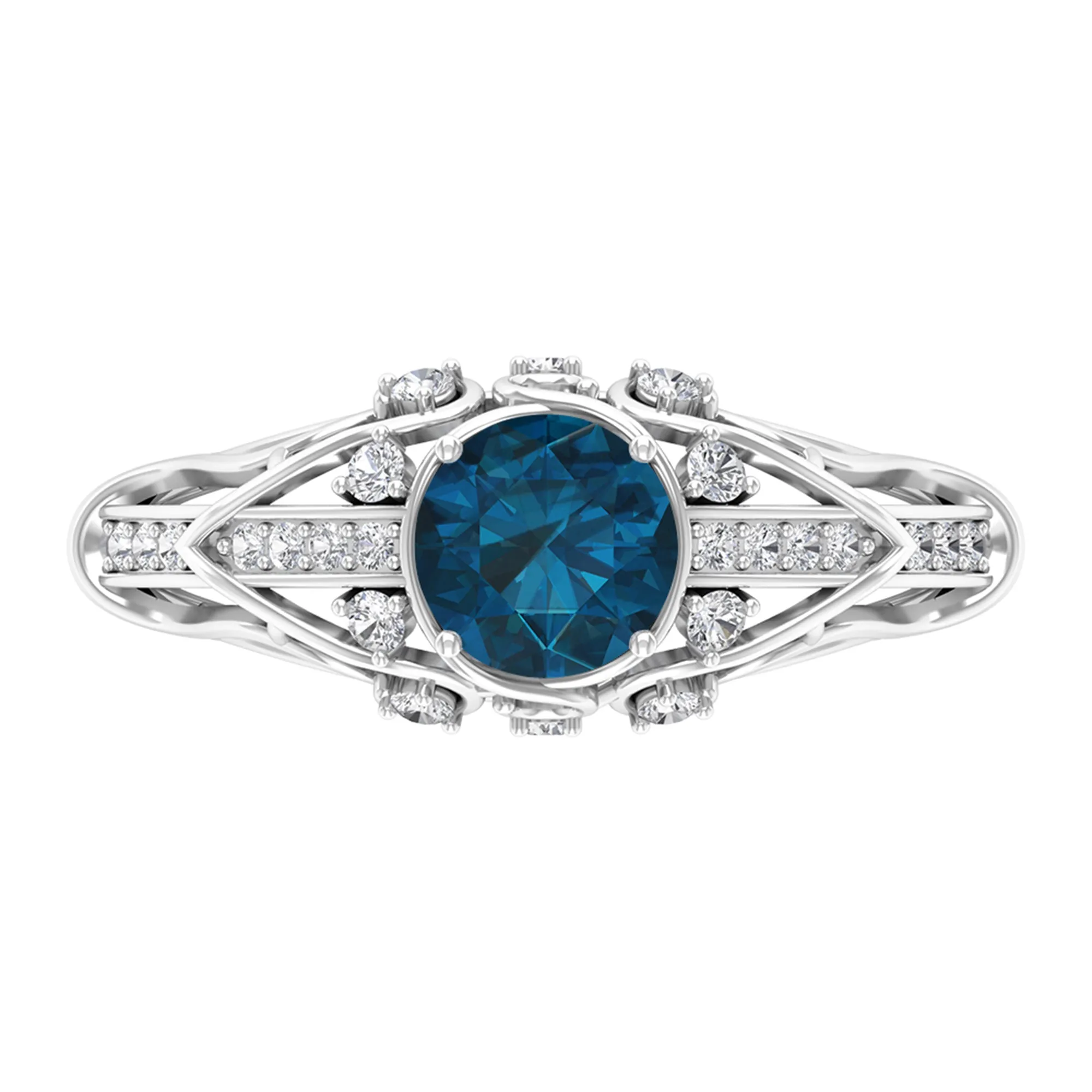 1 CT London Blue Topaz Solitaire and Diamond Vintage Ring