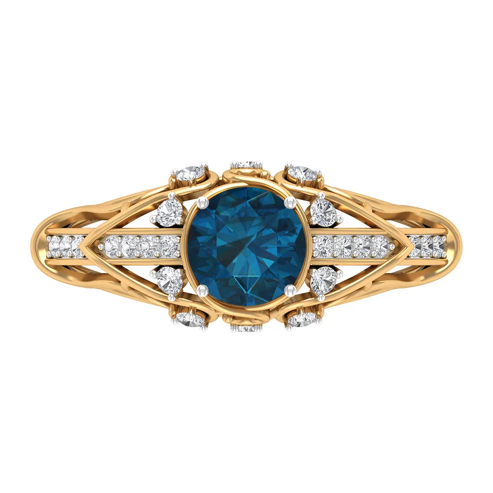 1 CT London Blue Topaz Solitaire and Diamond Vintage Ring