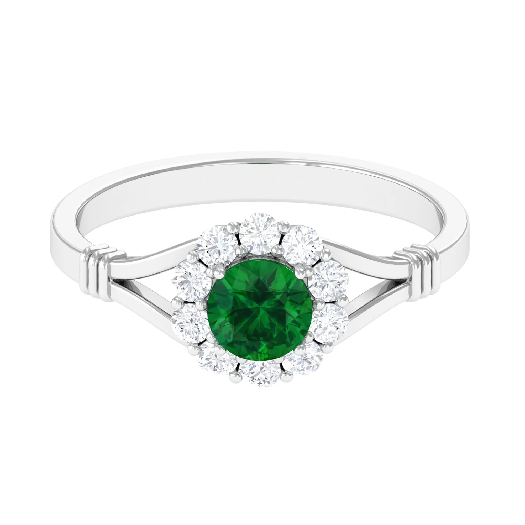 1 CT Round Created Emerald Flower Ring with Diamond Halo in Split Shank