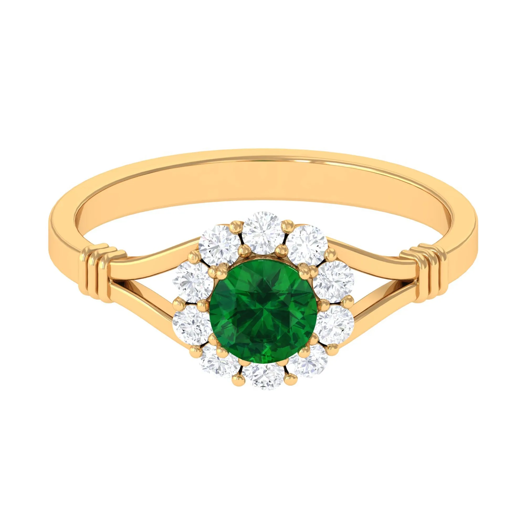 1 CT Round Created Emerald Flower Ring with Diamond Halo in Split Shank