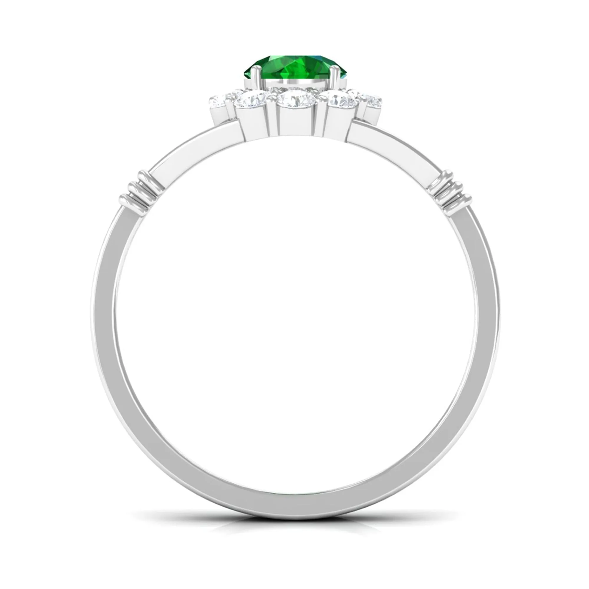 1 CT Round Created Emerald Flower Ring with Diamond Halo in Split Shank