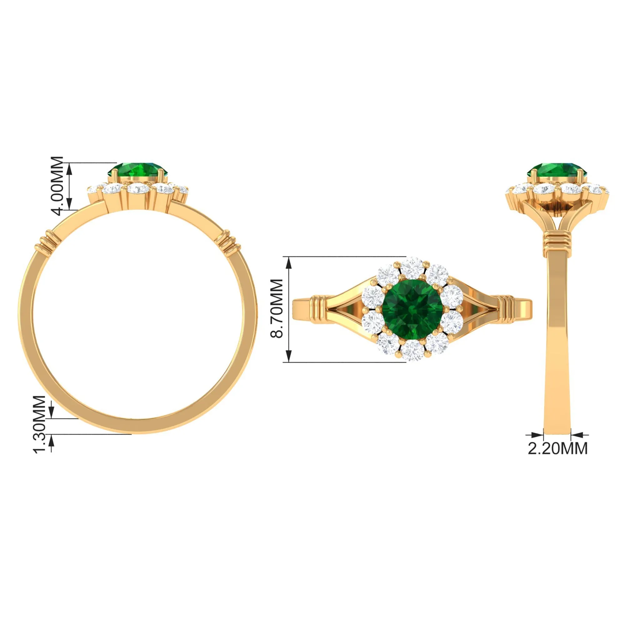 1 CT Round Created Emerald Flower Ring with Diamond Halo in Split Shank