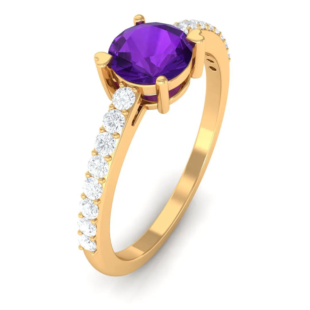 1 CT Round Shape Solitaire Amethyst Designer Promise Ring with Diamond