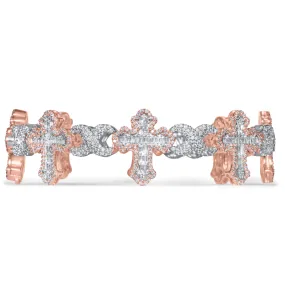 10k White and Rose Gold Round and Baguette Diamond Cross Bracelet 6.25 ctw