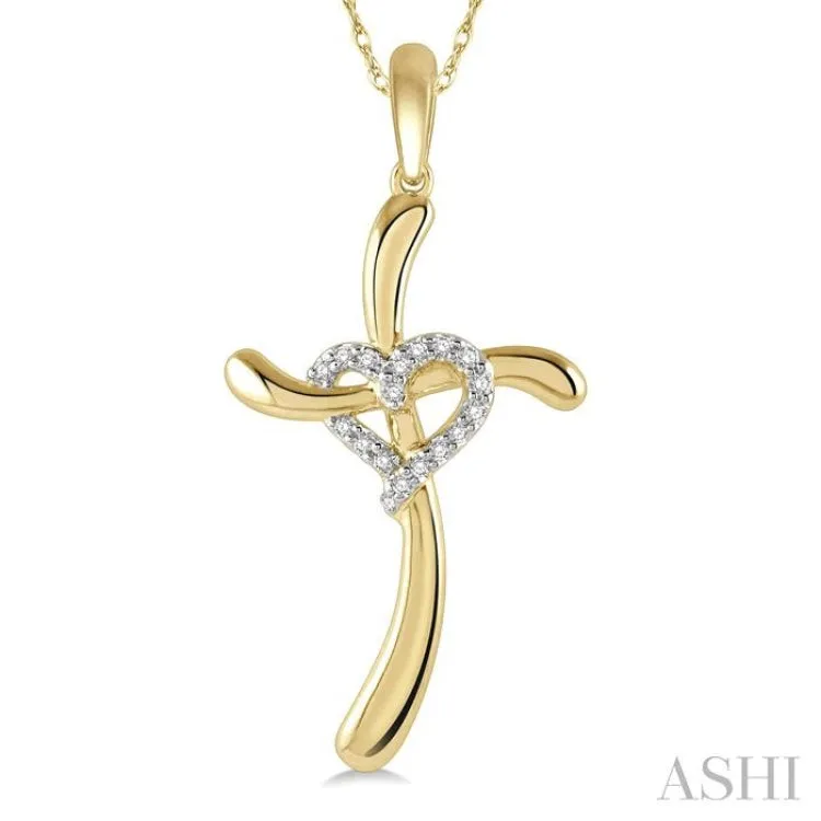 1/20 Ctw Heart Entangled Cross Charm Round Cut Diamond Pendant With Chain in 10K Yellow Gold