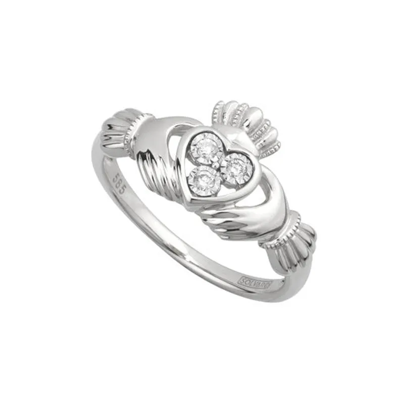 14ct White Gold Diamond Claddagh Ring