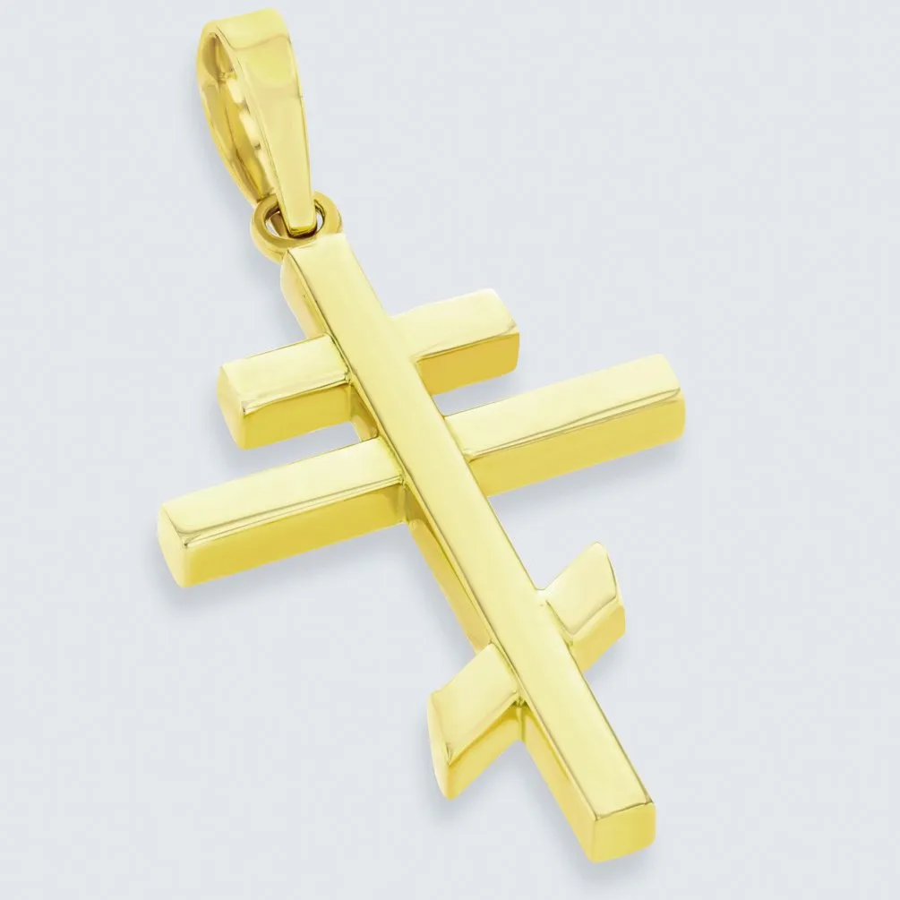 14K Gold Plain Russian Orthodox Cross Pendant Necklace with Figaro Chain Necklace - Yellow Gold