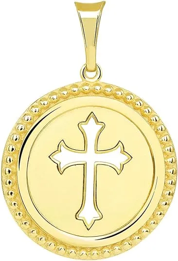 14k Gold Reversible Open Christian Cross Medallion Pendant with Figaro Link Chain Necklace - Yellow Gold