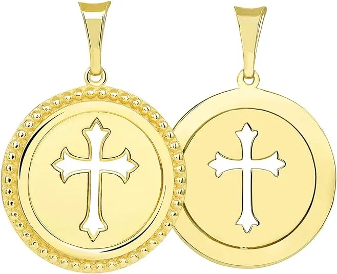 14k Gold Reversible Open Christian Cross Medallion Pendant with Figaro Link Chain Necklace - Yellow Gold