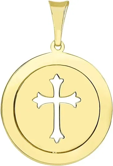 14k Gold Reversible Open Christian Cross Medallion Pendant with Figaro Link Chain Necklace - Yellow Gold