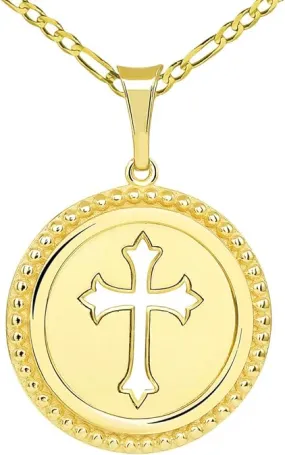 14k Gold Reversible Open Christian Cross Medallion Pendant with Figaro Link Chain Necklace - Yellow Gold