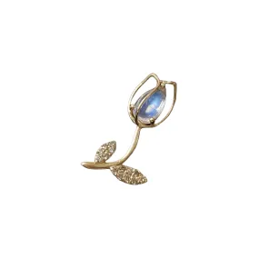 14k Gold Tulip Flower Rainbow Moonstone & Diamonds Pendant