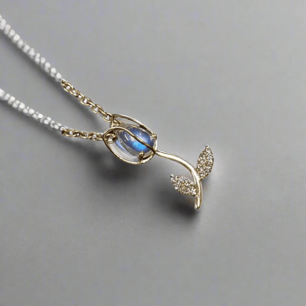 14k Gold Tulip Flower Rainbow Moonstone & Diamonds Pendant