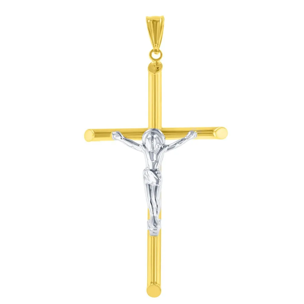 14K Two-Tone Gold Slender Crucifix Charm Cross with Jesus Christ Pendant Necklace