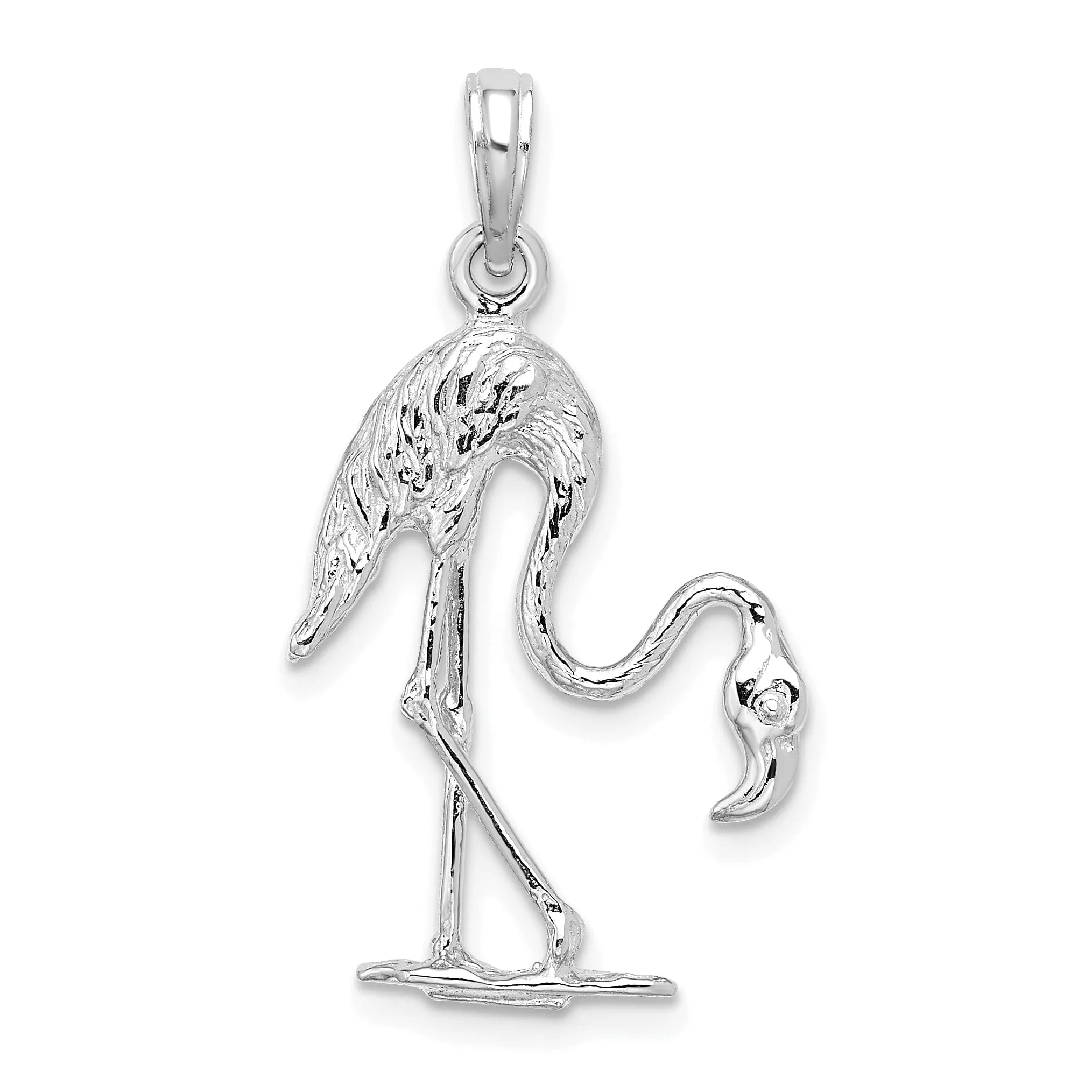 14K White Gold Polished Textured Finish 3-Dimensional Flamingo Design Charm Pendant