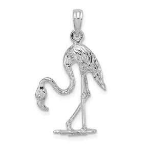 14K White Gold Polished Textured Finish 3-Dimensional Flamingo Design Charm Pendant