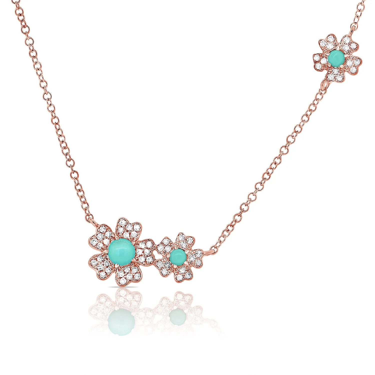 14K Yellow Gold Diamond   Turquoise Flower Necklace