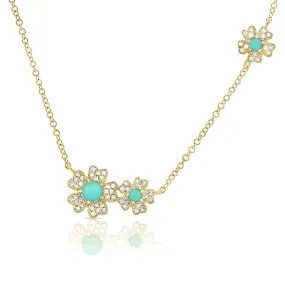 14K Yellow Gold Diamond   Turquoise Flower Necklace