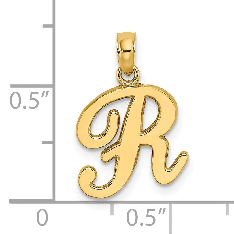 14K Yellow Gold Fancy Script Design Letter R Initial Charm Pendant