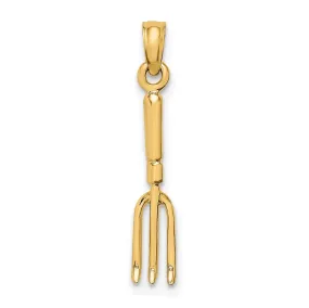 14K Yellow Gold Polished Finish 3-Dimensional Garden Hand Held Fork Rake Tool Charm Pendant