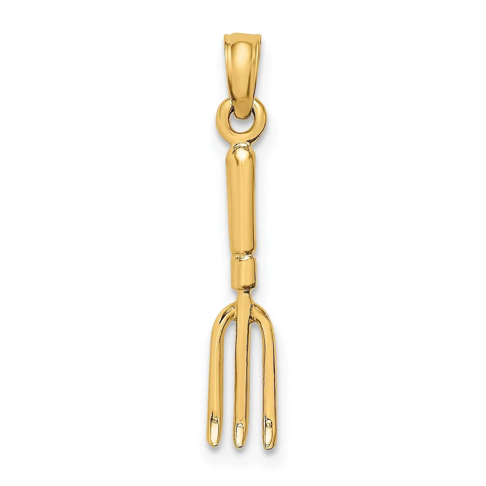 14K Yellow Gold Polished Finish 3-Dimensional Garden Hand Held Fork Rake Tool Charm Pendant