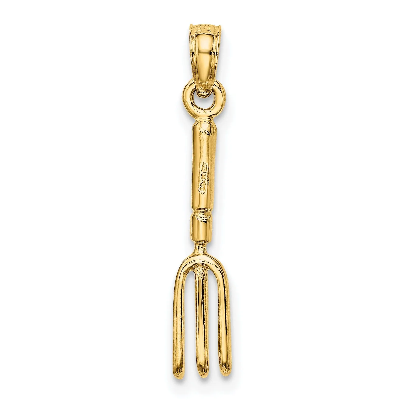 14K Yellow Gold Polished Finish 3-Dimensional Garden Hand Held Fork Rake Tool Charm Pendant