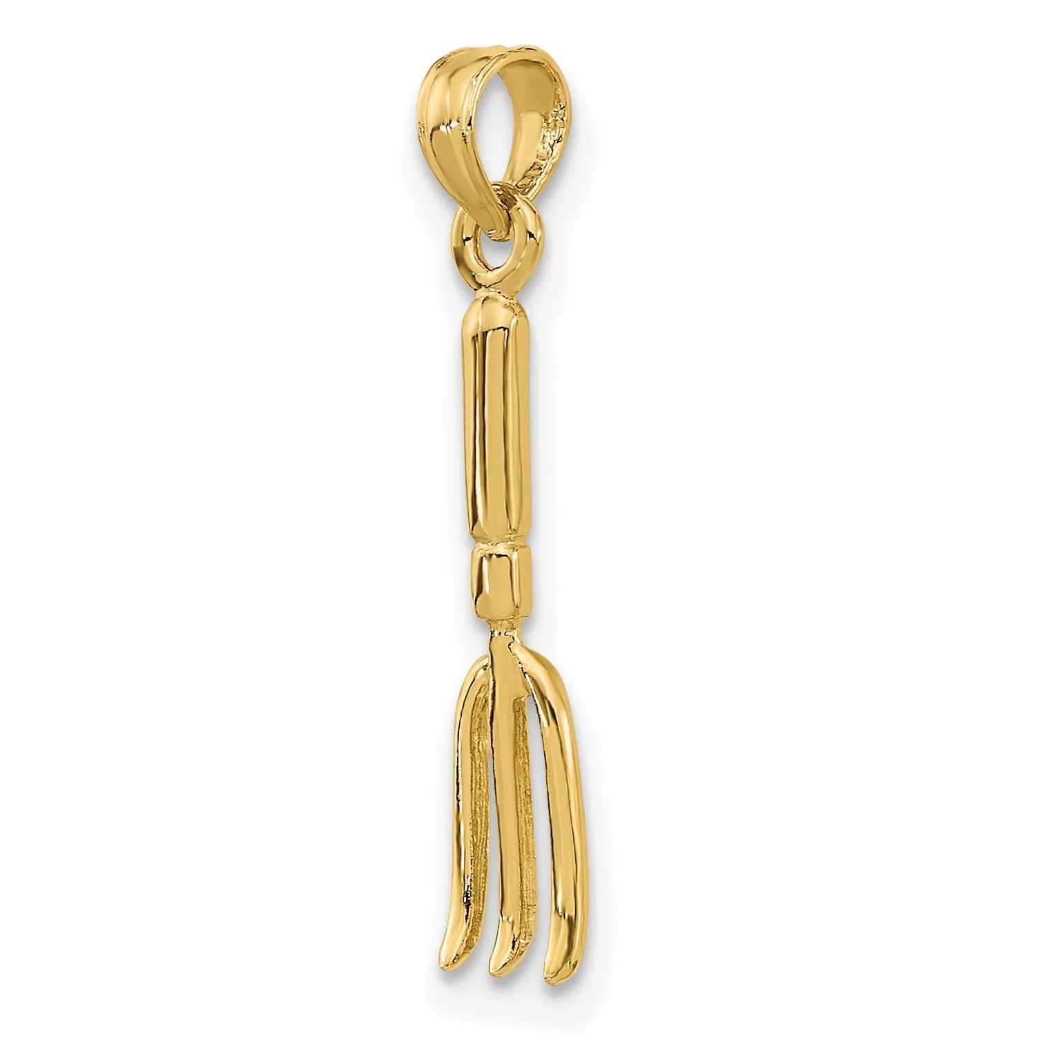 14K Yellow Gold Polished Finish 3-Dimensional Garden Hand Held Fork Rake Tool Charm Pendant