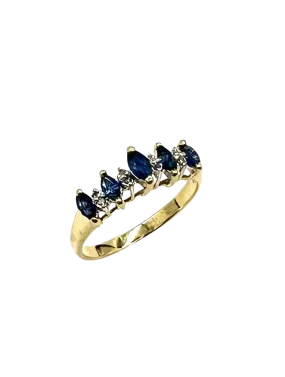 14k Yellow Gold Ring with Marquise-Shaped Sapphires and Diamond Accents