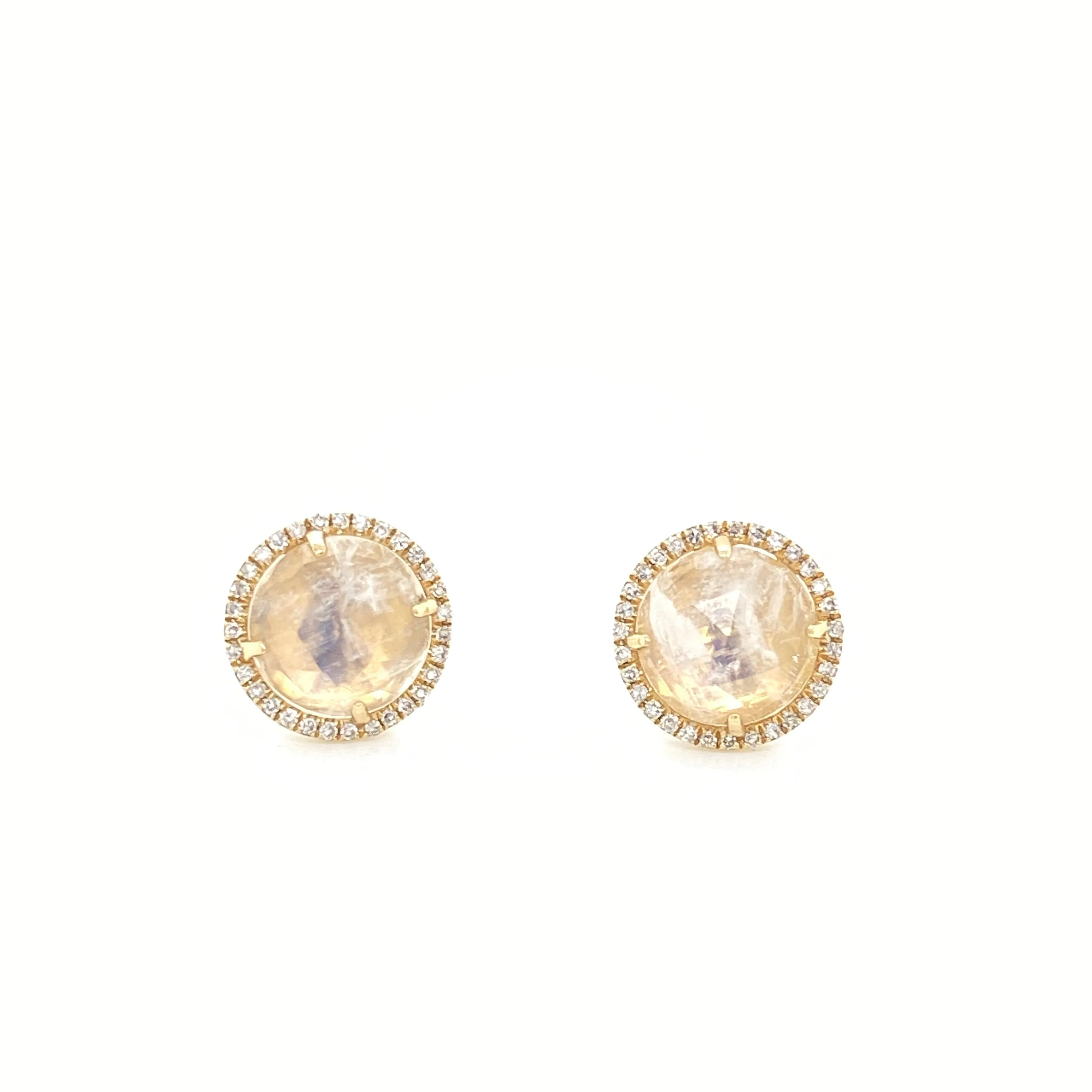 14K Yellow Gold Round Diamond   Round Moonstone Earrings