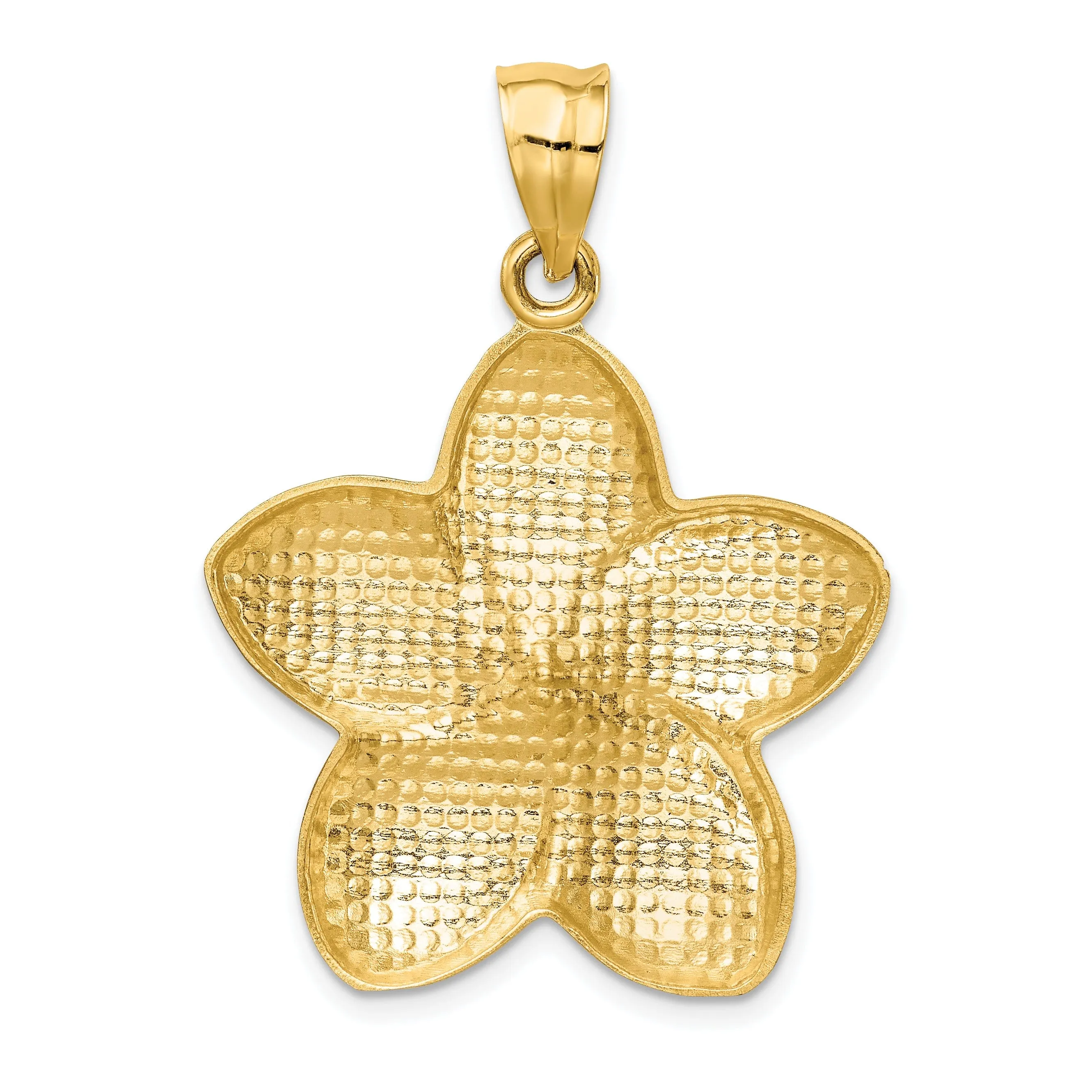 14k Yellow Gold Satin Diamond-cut Solid Casted Open-Back Polished Textured Finish Large Plumeria Charm Pendant