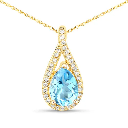 14K Yellow Gold Swiss Blue Topaz Pendant with Diamonds