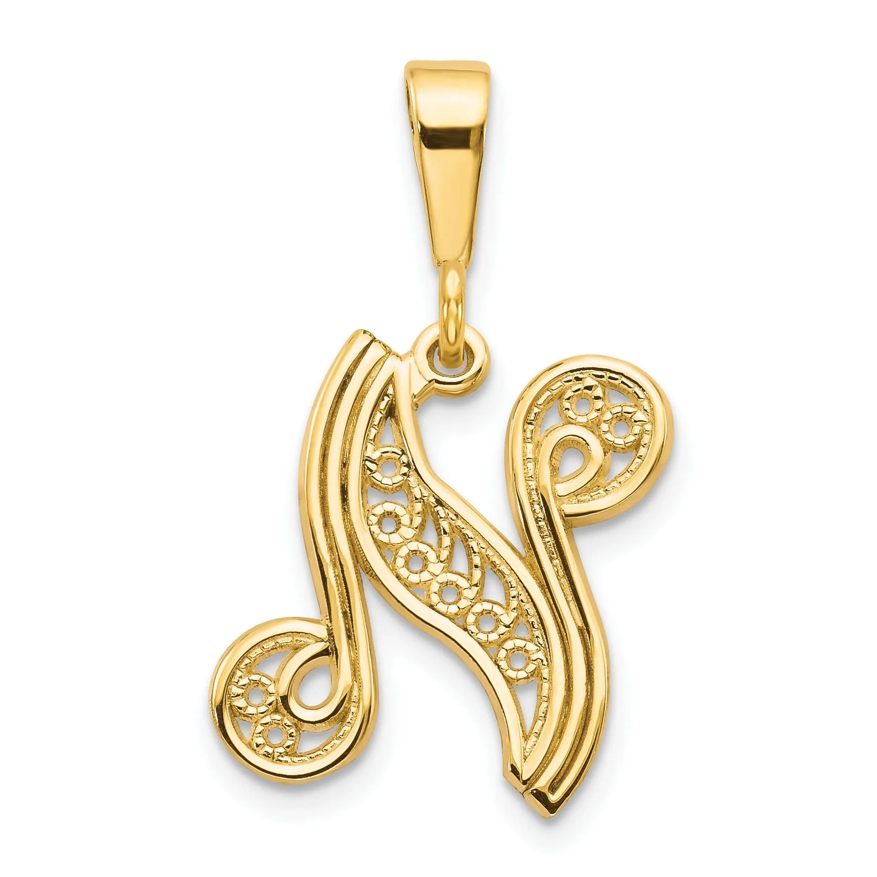 14K Yellow GoldFancy Filigree Script Design Letter N Initial Pendant