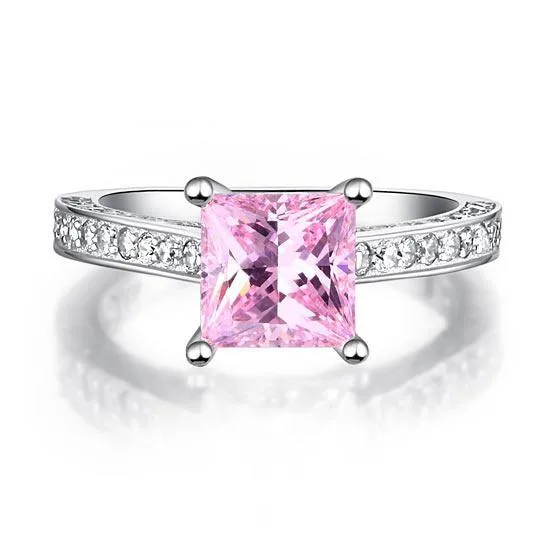 1.5 Carat Princess Cut Fancy Pink Created Zirconia 925 Sterling Silver Wedding Engagement Ring MXFR8195