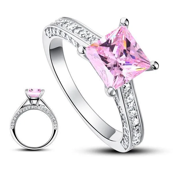 1.5 Carat Princess Cut Fancy Pink Created Zirconia 925 Sterling Silver Wedding Engagement Ring MXFR8195