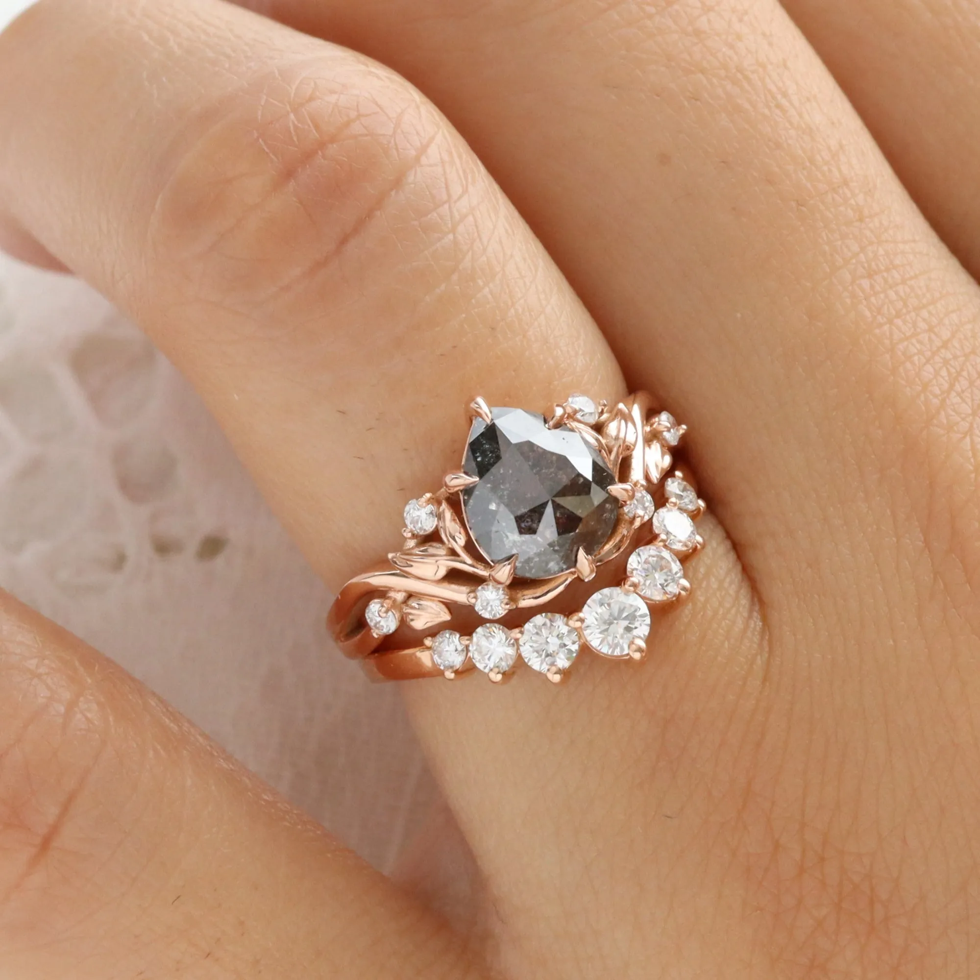 1.74 Ct Pear Salt and Pepper Diamond Ring in 14k Rose Gold Floral Leaf Diamond Size 6.75