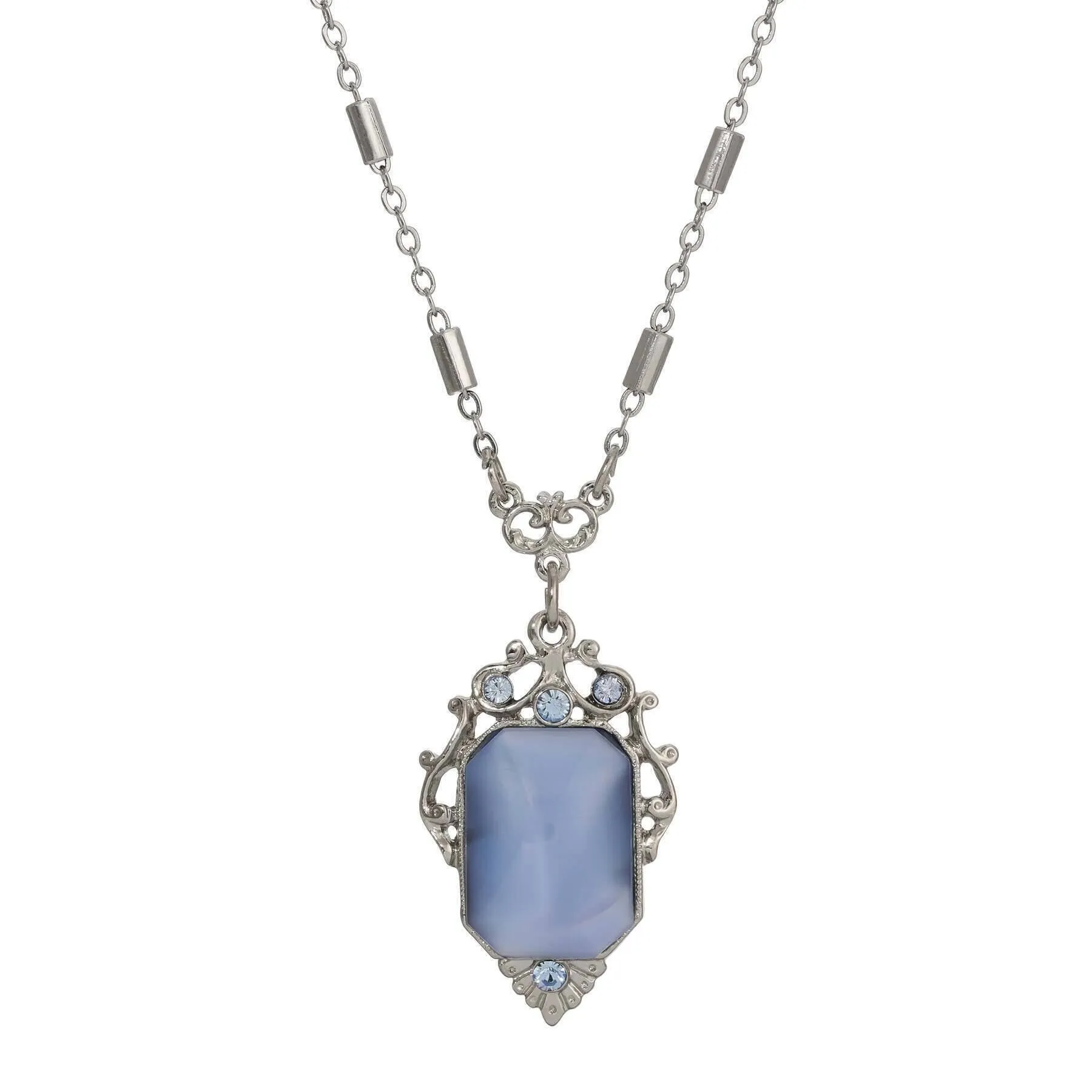 1928 Jewelry Jazzy Filigree Blue Octagon Moonstone & Crystal Pendant Necklace 16"   3" Extension